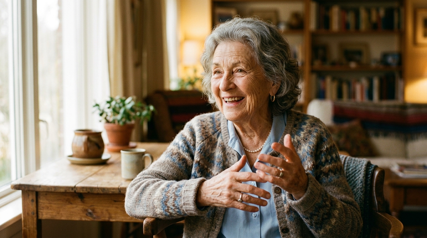 A senior smiling while sharing life stories — storytelling as therapy and legacy